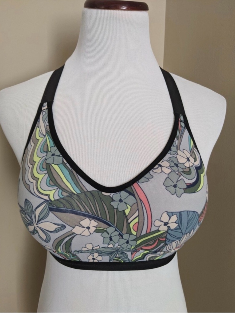 Victoria's Secret Gray Floral-Print Sports Bra with Black Trim
